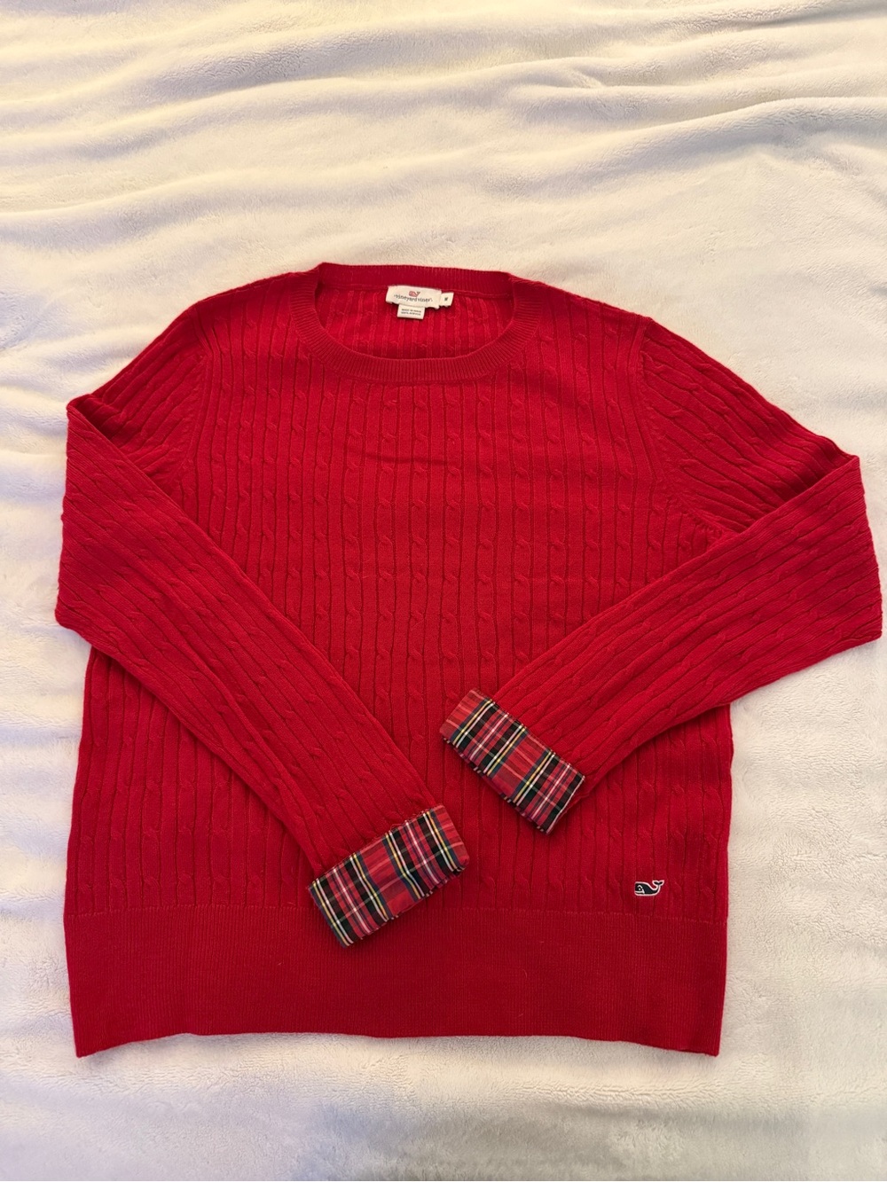 Vineyard Vines Red Cable Knit Crewneck with Plaid Cuff Detail